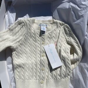 NWT Ralph Lauren cream cable knit cardigan with pink insignia size 9 month